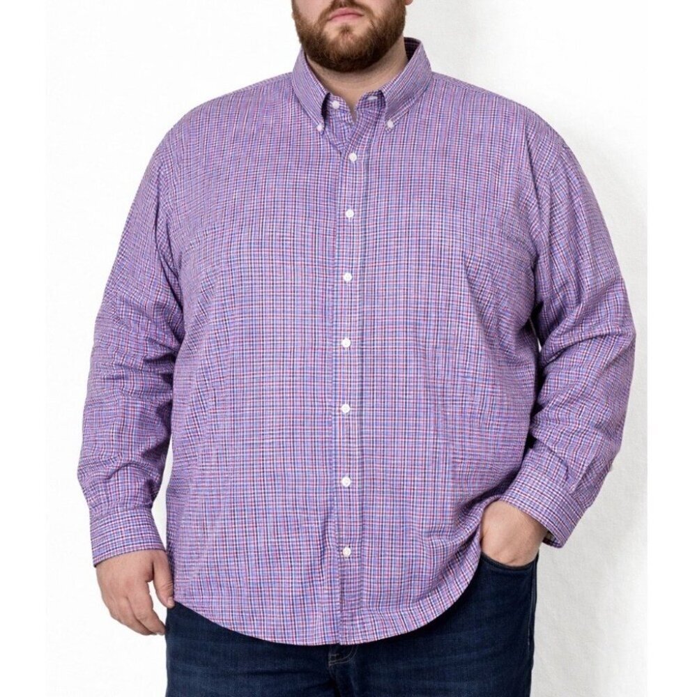 Stafford men's casual button up red, white, blue gingham plaid SZ XXL 34/35-18"